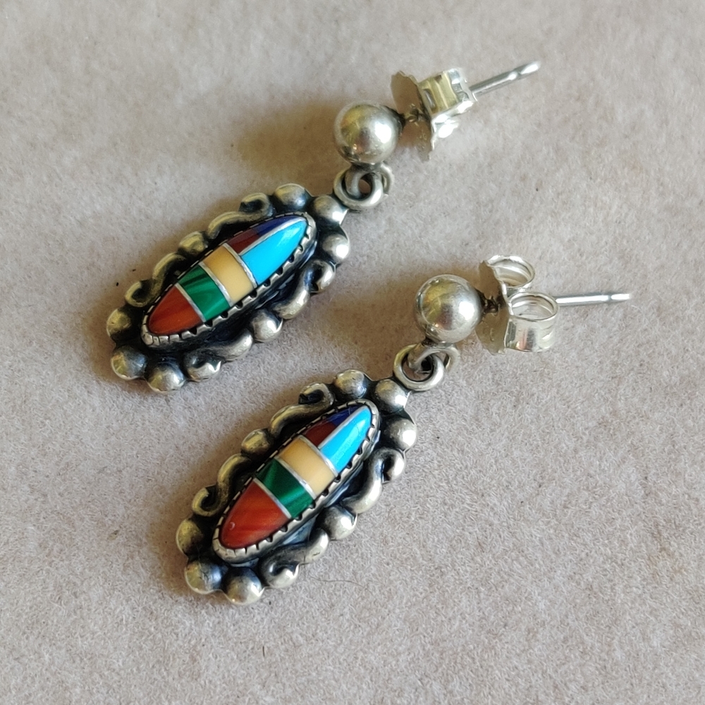 Vintage Sterling zuni mosaic stone earrings - Picture 2 of 5